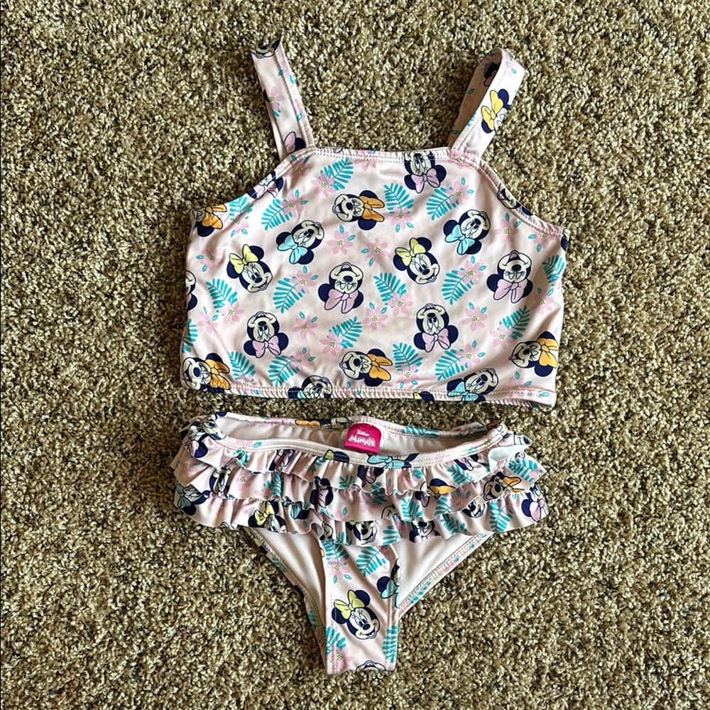 Disney Minnie Mouse Floral Swim 2 Piece Swimsuit Ruffle Bottom Girls Size 6